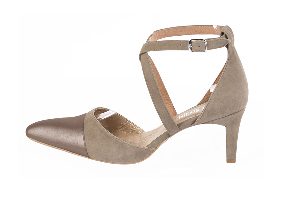 Bronze beige women's open side shoes, with crossed straps. Tapered toe. Medium comma heels. Profile view - Florence KOOIJMAN